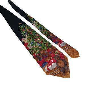 Christmas Tree Santa Teddy Bear Novelty Tie Silk Black Multicolor Festive Design